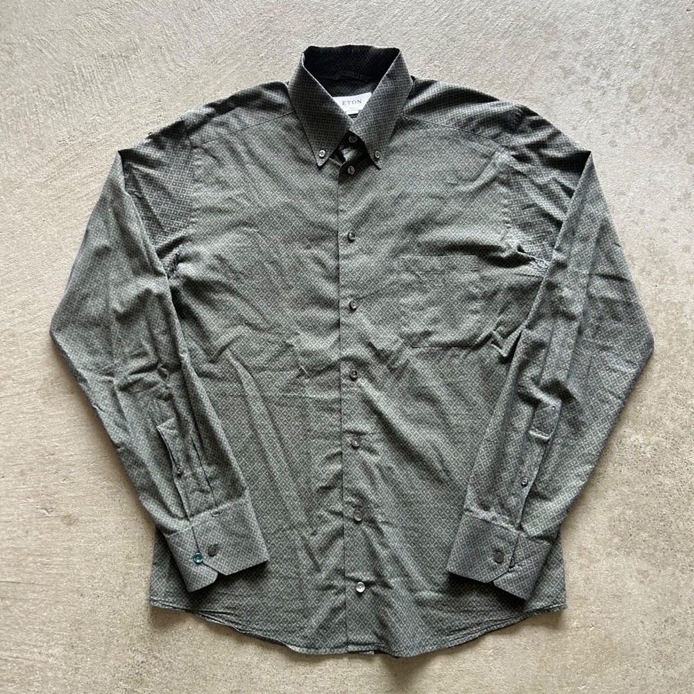 Eton Button Up Shirt Size Medium‎ Slim 40 Green Cotton Long Sleeve Dress Shirt